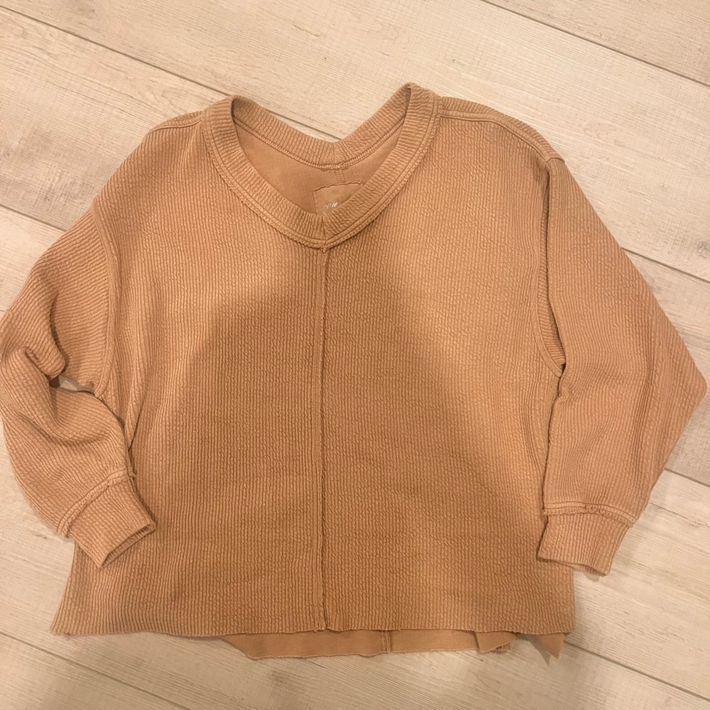 Aerie V-Neck Wonder Textured Sweatshirt in Tan size Small Oversized - Picture 2 of 4